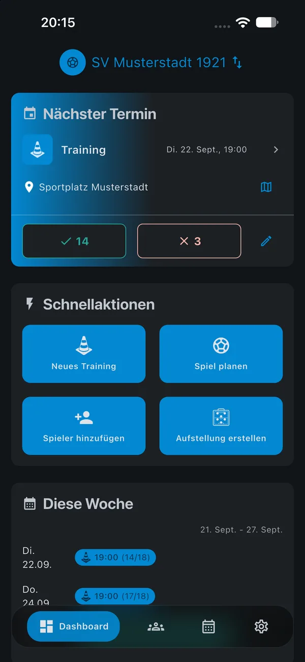 SquadTics App: Trainer-Dashboard mit nächstem Training, Zu- und Absagen und Schnellaktionen