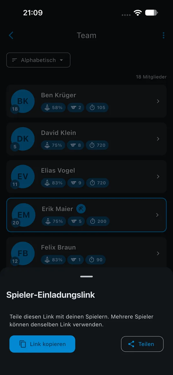 SquadTics App: Kaderübersicht mit Trainingsbeteiligung und Spielminuten